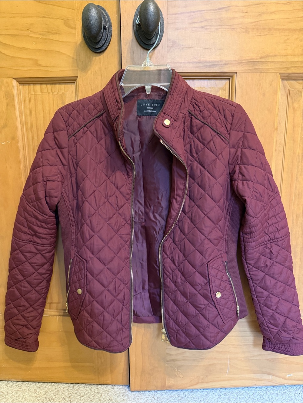 Love Tree Quilted Wine-Red Puffer Jacket
